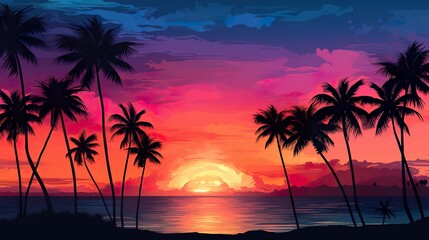 Wall Mural - sunset at exotic tropical beach with palm trees and sea, colorful illustration in style of purple and orange, beauty at nature