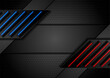 Dark perforated tech background with blue and red neon lines. Geometric futuristic vector design