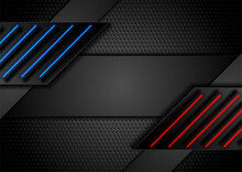 Dark Perforated Tech Background With Blue And Red Neon Lines. Geometric Futuristic Vector Design