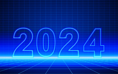 Wall Mural - 2024 number neon light outline on Futuristic technological grid background. Digital cyber space scene design, cyberpunk technology, Virtual reality, science fiction matrix backdrop