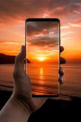 Wall Mural - closeup shot of person holding mobile phone in hand and taking photo of beautiful sunset over sea, nature photography with smartphone camera