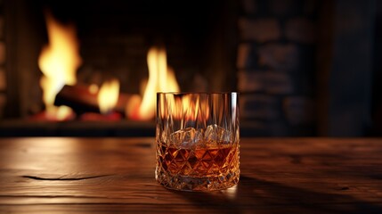 Wall Mural - A whisky glass, half-filled, on a rustic wooden table with a backdrop of a roaring fireplace. Shadows and light play on the whisky's surface.