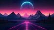 retro style sunset at mountains illustration, in style of purple and pink, synthwave and cyberpunk