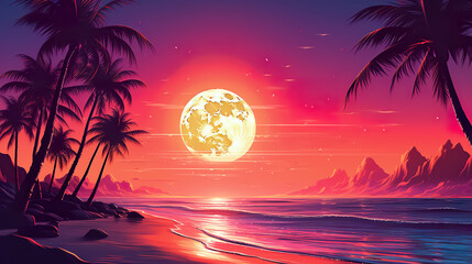 Wall Mural - sunset at exotic tropical beach with palm trees and sea, colorful illustration in style of purple and orange, beauty at nature