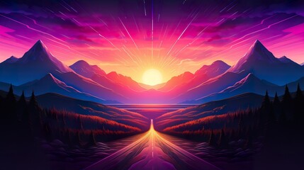 Wall Mural - retro style sunset at mountains illustration, in style of purple and pink, synthwave and cyberpunk