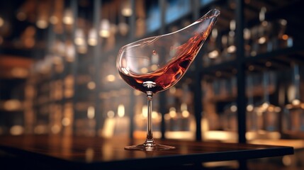 Wall Mural - A wine glass tipped over, with the last drop of wine suspended in air, against a backdrop of a blurred wine rack.