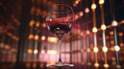 Wall Mural - A wine glass tipped over, with the last drop of wine suspended in air, against a backdrop of a blurred wine rack.