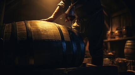 Wall Mural - A wine thief being used to sample wine from an oak barrel, the tool's silhouette sharp against the dim light of the cellar.