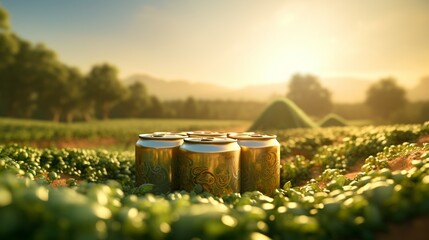 Wall Mural - Dew-kissed beer cans arranged in a half-circle, with a blurred background of a hop farm at dawn.