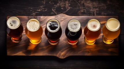 Wall Mural - Overhead view of a craft beer flight, various ales in small glasses arranged neatly on a slate board.