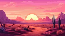 Colorful Illustration Of Sunset In Desert, Cactus And Mountains, In Style Of Purple And Pink