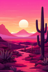 Wall Mural - colorful illustration of sunset in desert, cactus and mountains, in style of purple and pink