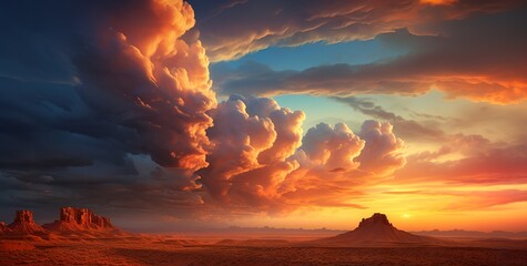 Wall Mural - beautiful dramatic sunset over desert, cloudy sky and rocky mountains