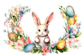 Wall Mural - Cute smiling Easter bunny framed with spring flowers. Watercolor Easter card in pastel colors. Happy Easter concept.