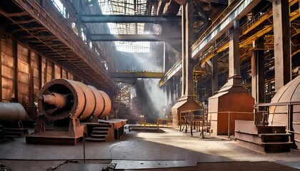  Steel mill, metal smelter, inside view of a factory. Generated with AI