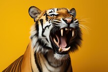 Portrait Of A Roaring Tiger On An Yellow Background