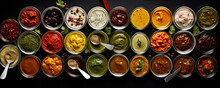 Chutney Set Or Collection In Bowls On Black Background, Top View,