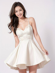 Wall Mural - A photo of a beautiful woman wearing a white dress smiling brightly, perfect for a luxury casino