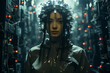Portrait of futuristic woman in future costume