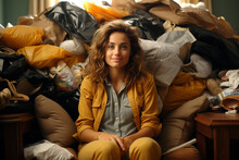 Portrait of woman with garbage bags on background, clutter disease
