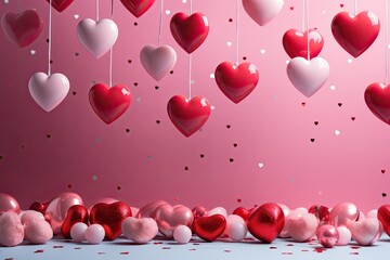 Aufkleber - Red and pink hearts hanging against a pink background with scattered confetti.