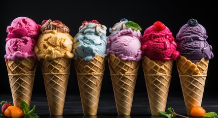 Wall Mural - ice cream cones full of different flavors of ice cream in a gray background