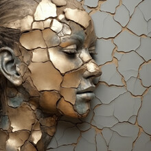 Generative AI Image Of Fractured Golden Human Sculpture