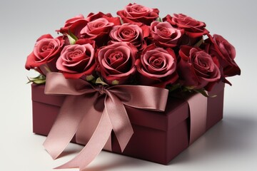 Poster - A box filled with vibrant red roses, wrapped in a delicate pink ribbon.