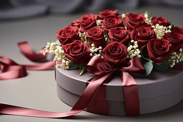 Aufkleber - A beautifully arranged box filled with vibrant red roses, adorned with a delicate ribbon, making it a stunning and sophisticated floral gift.