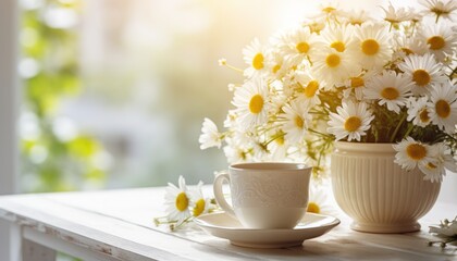 Wall Mural - tea and daisies with white sunlight