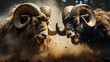 Action shot, Close-up of two rams in a fierce horns duel for dominance. concept of rivalry and conflict. 