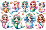 Fototapeta Dziecięca - Set of Watercolor Mermaid Clipart illustration cut out transparent isolated on white background ,PNG file