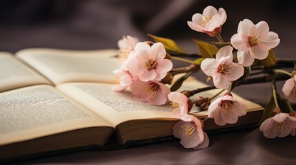 Wall Mural - A book with flowers on top of it and a branch, AI