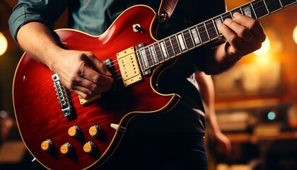 Wall Mural - Music band performing on concert stage with guitarist, soft and blurry background concept