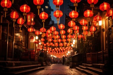 Chinese traditional paper lanterns on the chinese street. Chinese celebraing new year. Year of the dragon. Generative ai image