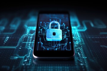 Fototapete - Cyber security, mobile phone with safety lock system for network. Smartphone screen for privacy, antivirus or hacking