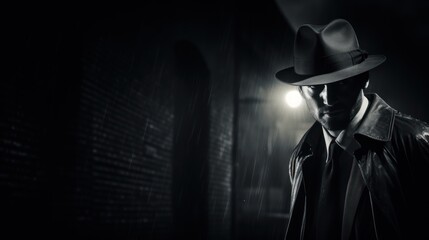 Sticker -  a black and white photo of a man in a hat and trench coat in a dark alleyway at night.