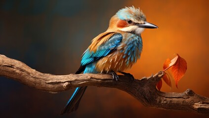 Poster -  a colorful bird sitting on a branch with a leaf in it's beak and another bird in the background.