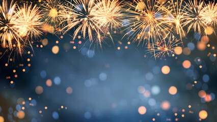 Wall Mural - gold and blue fireworks and bokeh in new year eve and copy space. abstract background holiday.