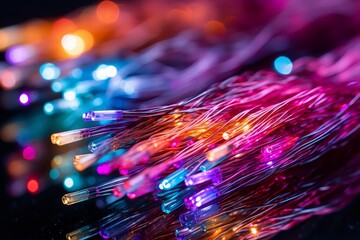 Poster - Fiber optic cable wire light with communication technologybokeh lighting. 16k super quality.