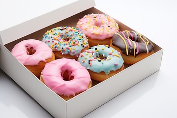 Wall Mural - Colorful sweet donuts with sprinkles in box on white background