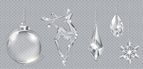 Wall Mural - Vector realistic transparent Christmas crystal deer, balls, snowflakes and crystal decoration on abstract background. Glass sparkling translucent crystals