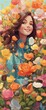Frühling Illustration mit vielen Blumen, frühlingshaften Farben, fröhlicher Frau