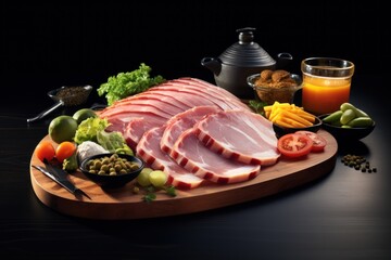 Poster -  a wooden cutting board topped with meat and veggies next to a glass of juice and a bottle of orange juice.