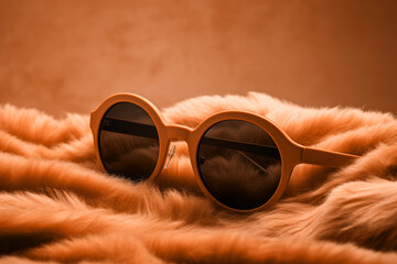 Wall Mural - Elegant peach fuzz retro sunglasses with brown lenses on fur fluffy background. Modern trendy tone hue shade