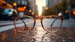 Glasses in Modern Cityscape with Night Lights in Vibrant Downtown District