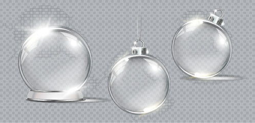 Wall Mural - Collection of vector realistic transparent Christmas balls and glass globe on a light abstract background. Christmas decoration.  Glass sphere