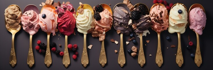 Wall Mural - various spoons with different flavors of ice cream and various toppings