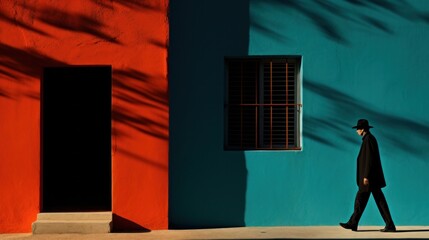 Wall Mural - A man walking down a sidewalk in front of two buildings, AI