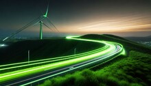 Green Speed Light Trail On Road Renewable Energy Highway Transportation Concept Clean Eco Power Car Street Light At Night Electric Vehicle Technology 3d Rendering